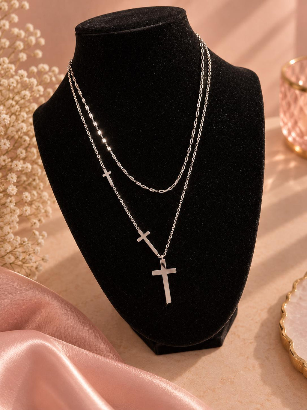 Layered Cross Necklace – Stainless Steel Double Chain, Minimalist Christian Jewelry Gift