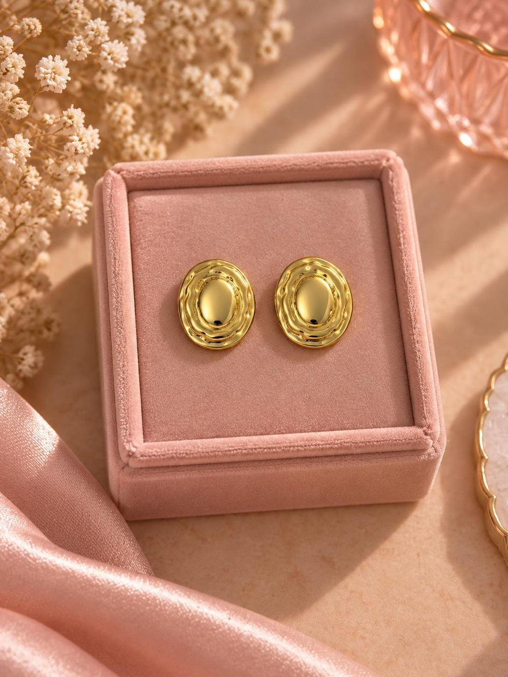 Textured Oval Stud Earrings, 18K Gold Plated, Vintage Minimalist Jewelry