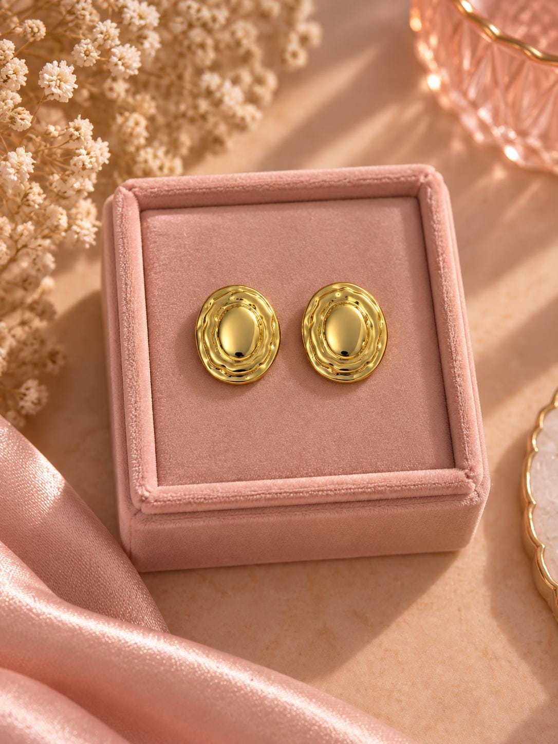 Textured Oval Stud Earrings, 18K Gold Plated, Vintage Minimalist Jewelry