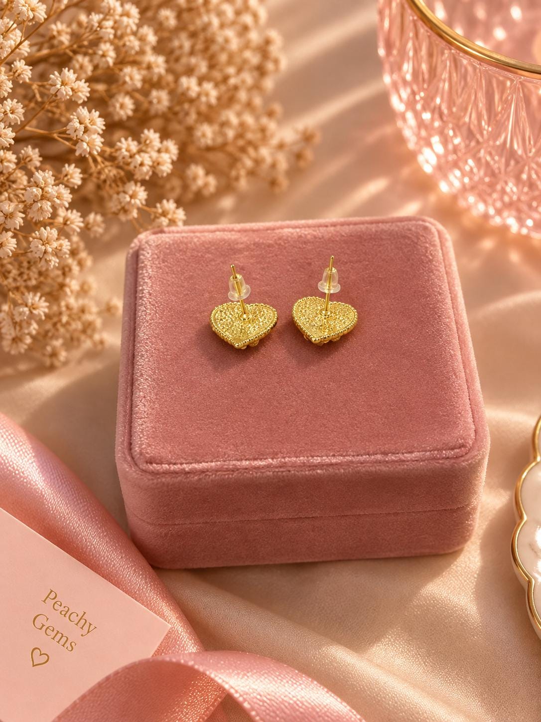 18K Gold Plated Blue Floral Heart Stud Earrings | Delicate Feminine Jewelry