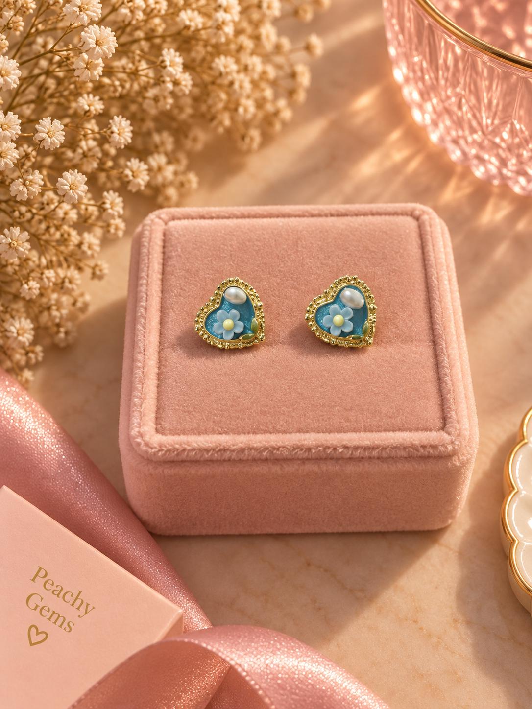 18K Gold Plated Blue Floral Heart Stud Earrings | Delicate Feminine Jewelry