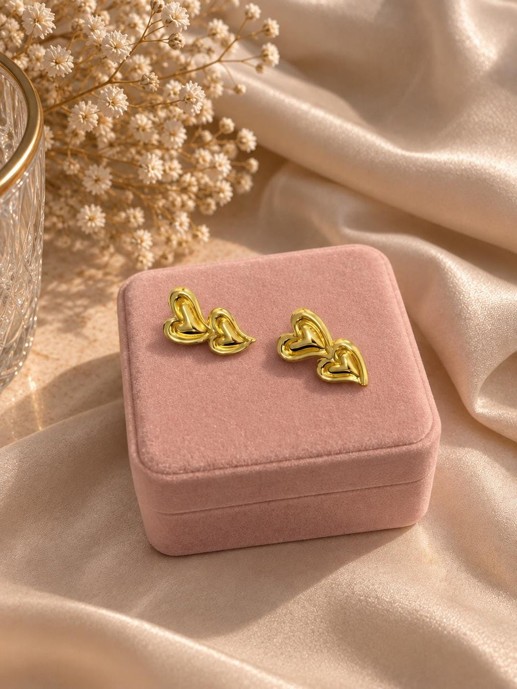 18K Gold Plated Double Heart Stud Earrings, Minimalist Romantic Jewelry