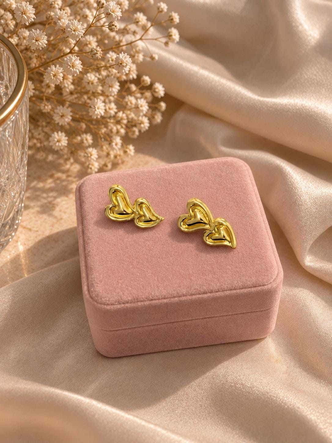 18K Gold Plated Double Heart Stud Earrings, Minimalist Romantic Jewelry