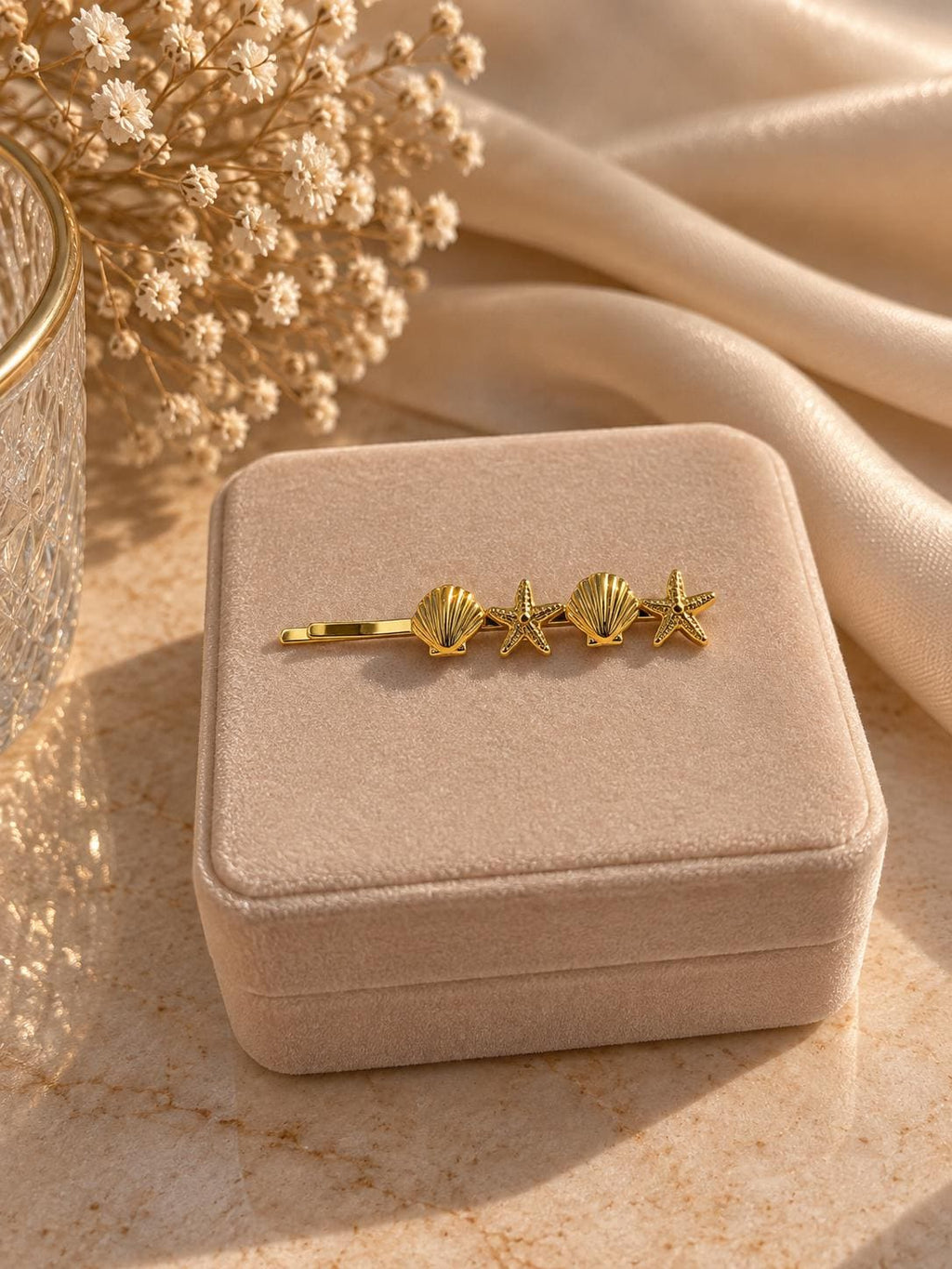 18K Gold Plated Seashell Starfish Hair Clip – Coastal Beach Bobby Pin Accessory