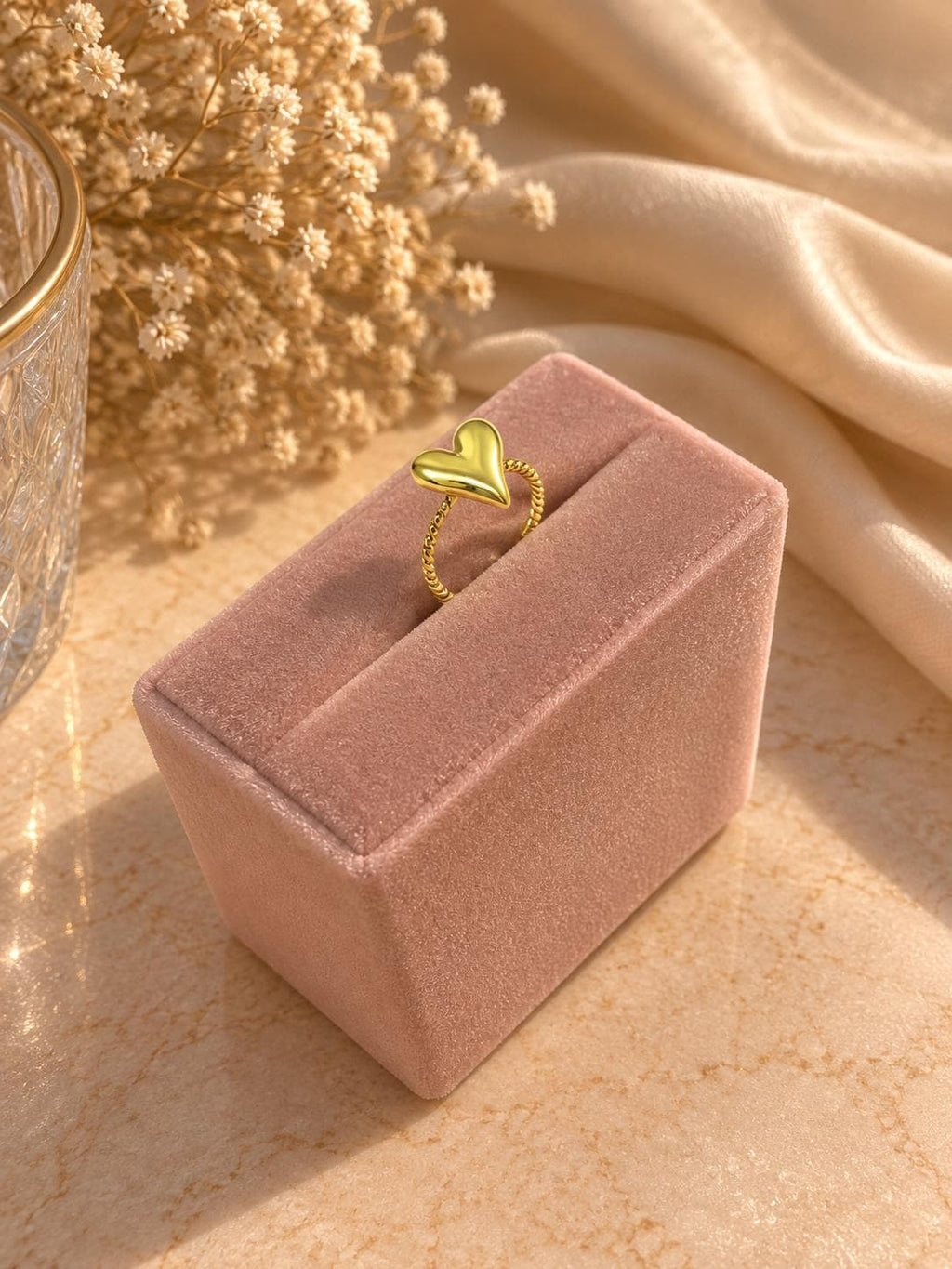 18K Gold Plated Heart Ring – Twisted Band Adjustable Stainless Steel Dainty Jewelry