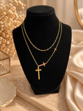 18K Gold Plated Layered Cross Necklace, Double Chain, Minimalist Faith Jewelry