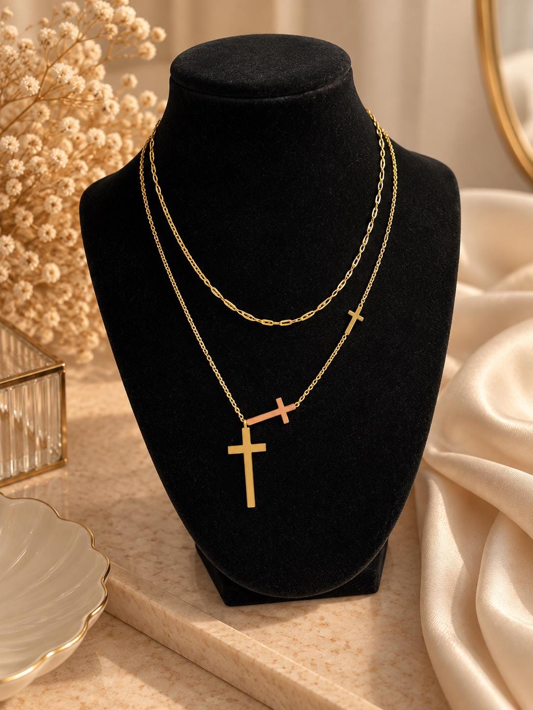 18K Gold Plated Layered Cross Necklace, Double Chain, Minimalist Faith Jewelry