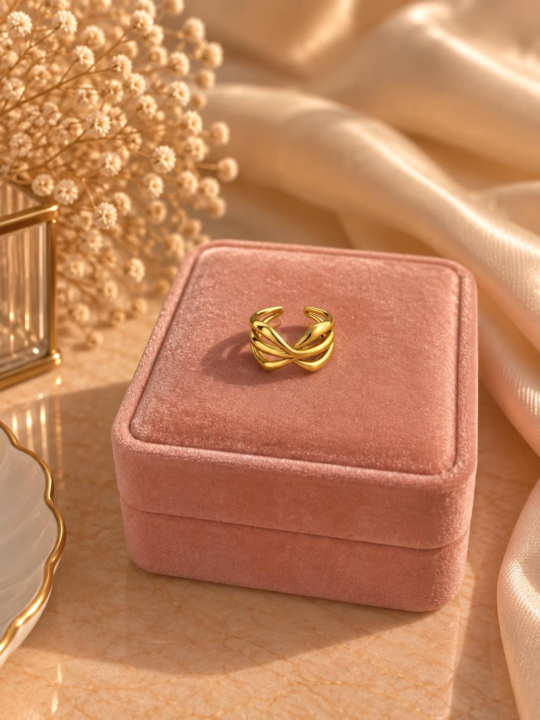 18K Gold Plated Layered Wave Ring, Adjustable Open Band, Minimalist Statement Jewelry