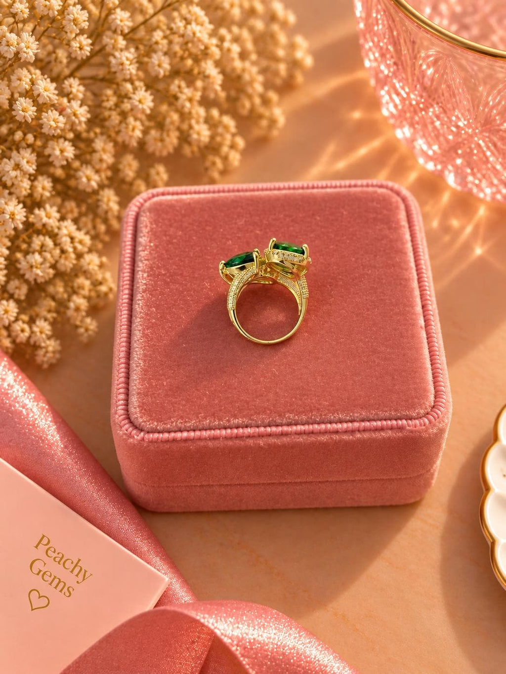 18K Gold Plated Emerald Style Ring, Adjustable Green Stone Statement Ring