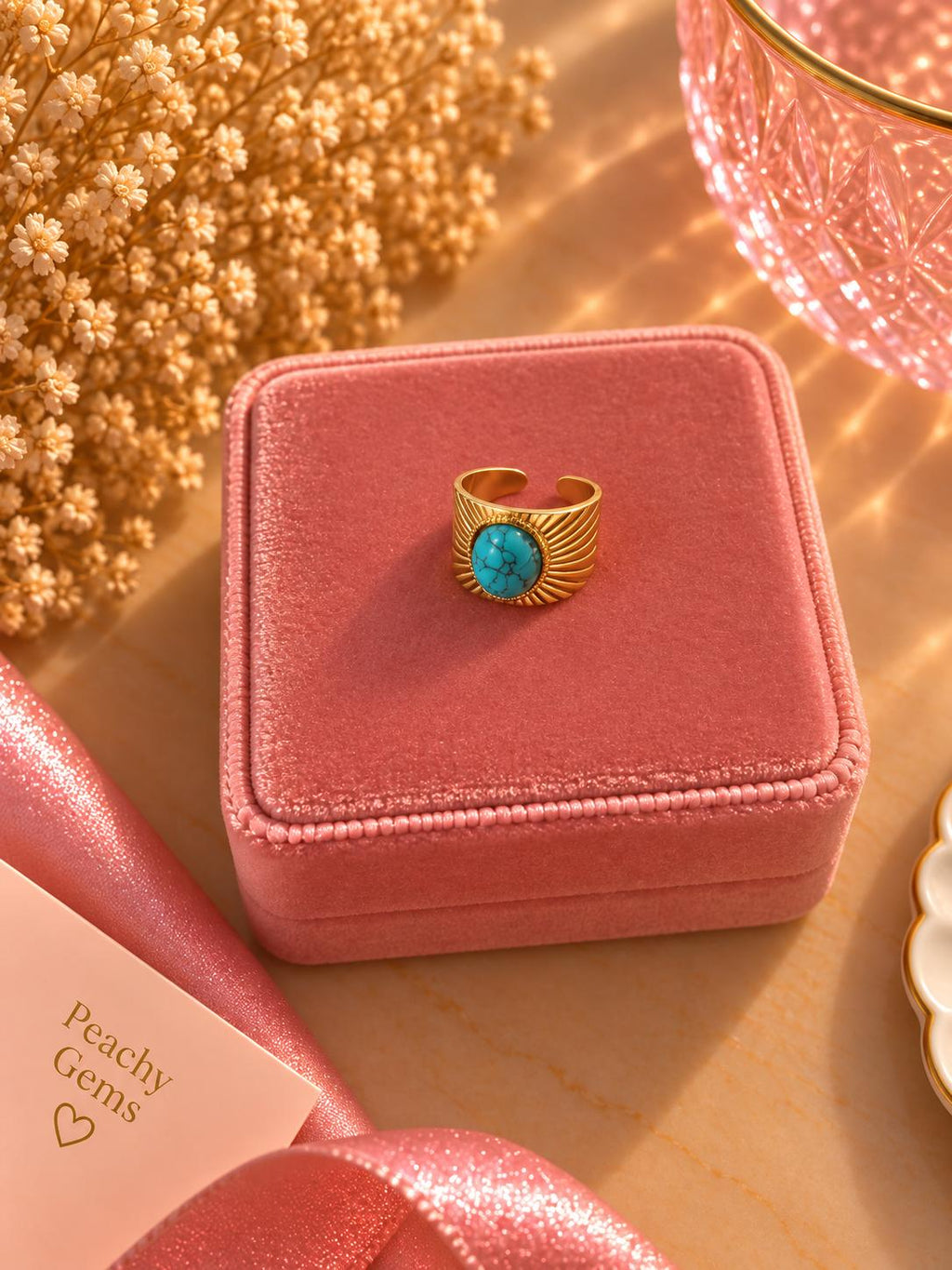 18K Gold Plated Turquoise Statement Ring, Boho Vintage Adjustable Band