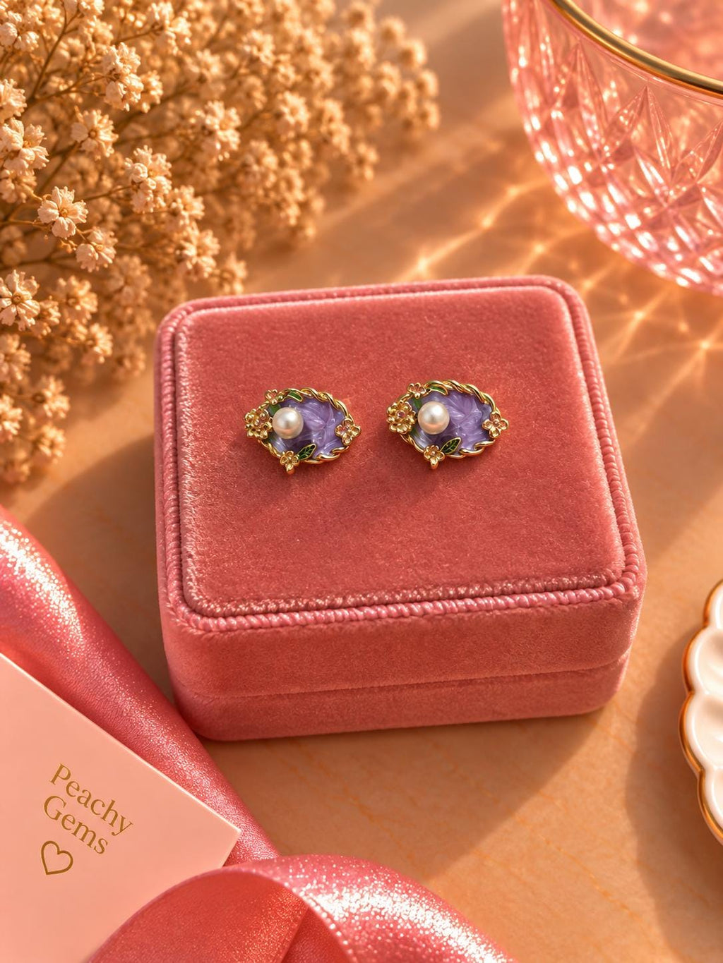 18K Gold Plated Pearl Floral Enamel Earrings – Vintage Purple Stainless Steel Jewelry