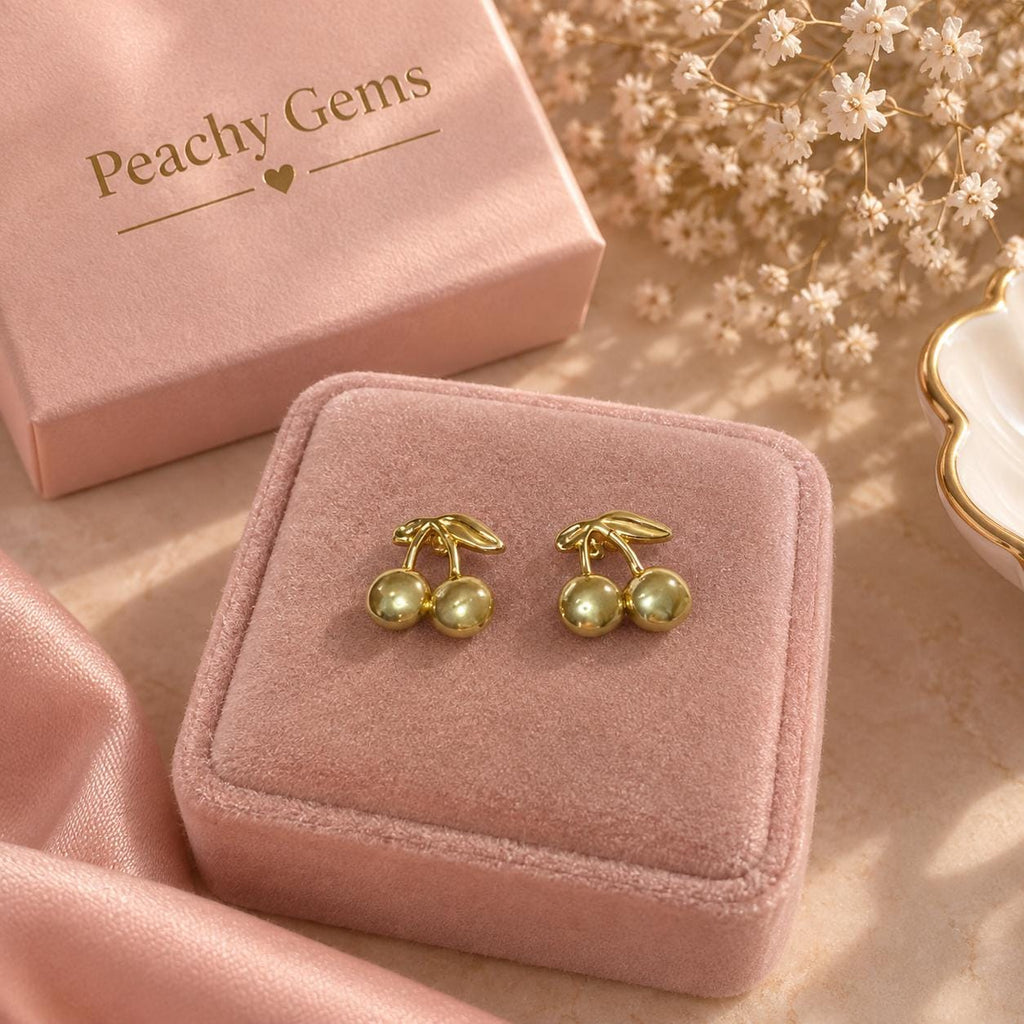 18K Gold Plated Cherry Stud Earrings – Stainless Steel Fruit Jewelry