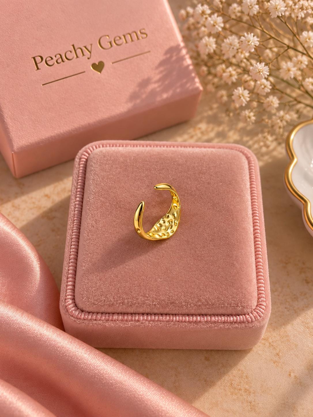 18K Gold Plated Textured Wrap Ring, Adjustable Open Statement Jewelry