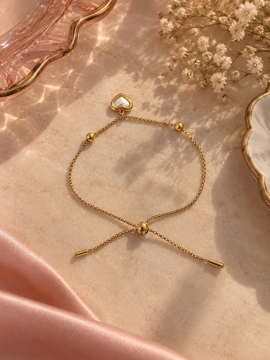 18K Gold Plated Heart Charm Bracelet, Adjustable Minimalist Chain Jewelry