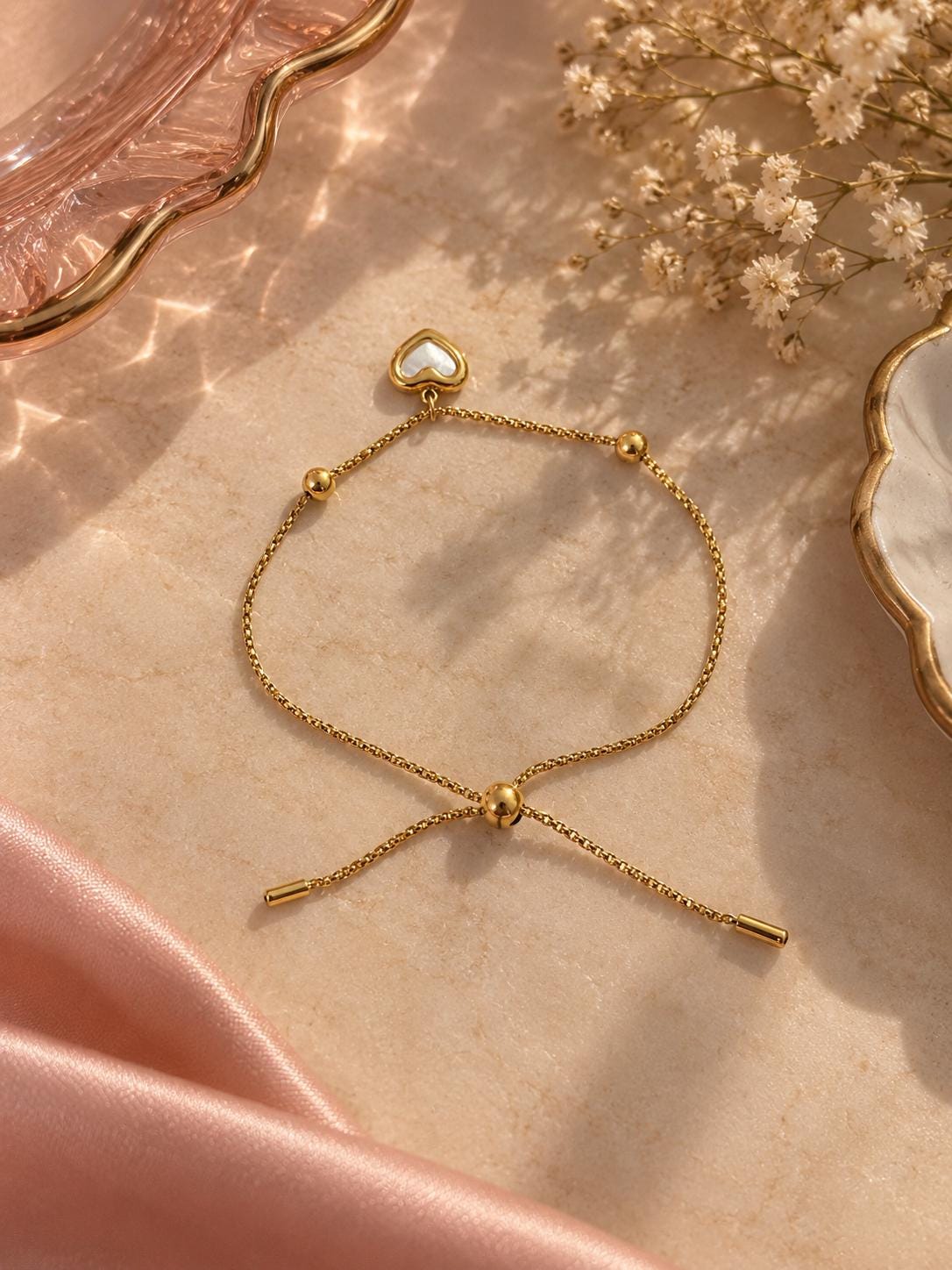 18K Gold Plated Heart Charm Bracelet, Adjustable Minimalist Chain Jewelry