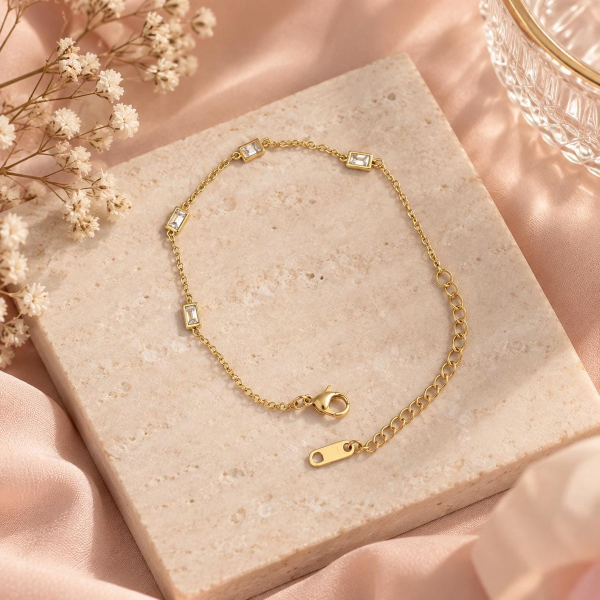 18K Gold Plated Dainty Bracelet with Crystal Accents, Adjustable Chain Jewelry