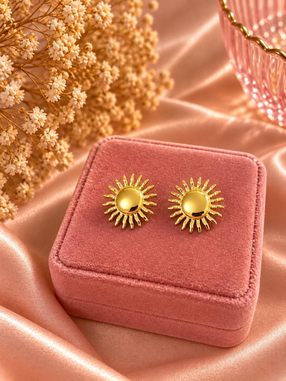 18K Gold Plated Sun Stud Earrings, Minimalist Celestial Jewelry, Lightweight Tarnish-Resistant Stainless Steel
