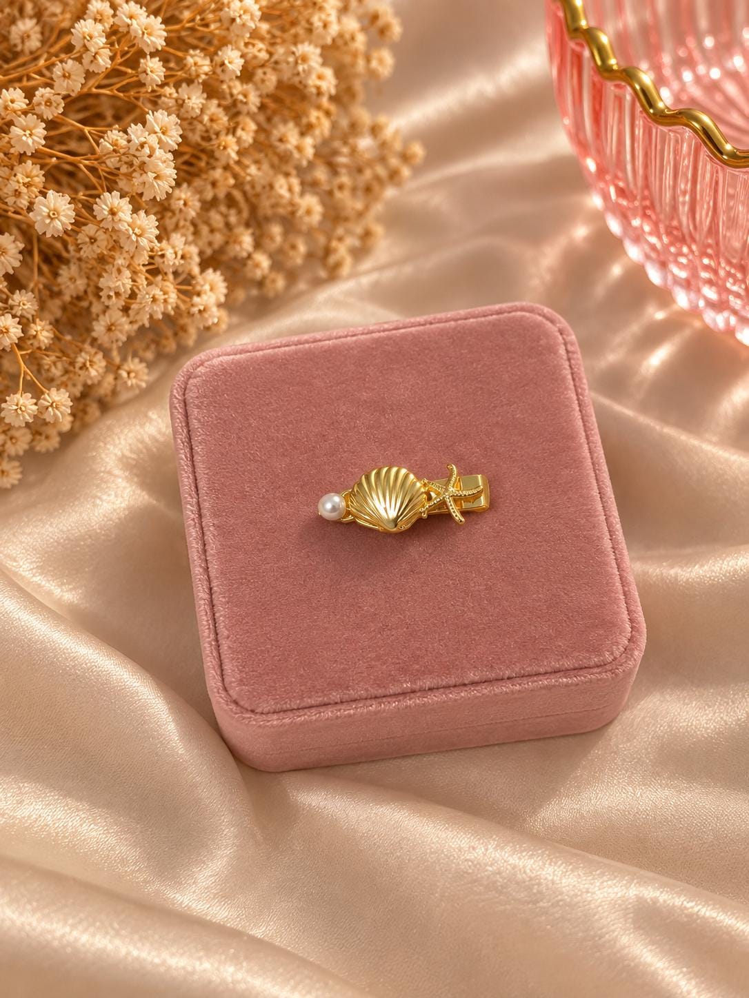 18K Gold Plated Shell Pearl Starfish Hair Clip, Ocean Inspired Barrette Accessory