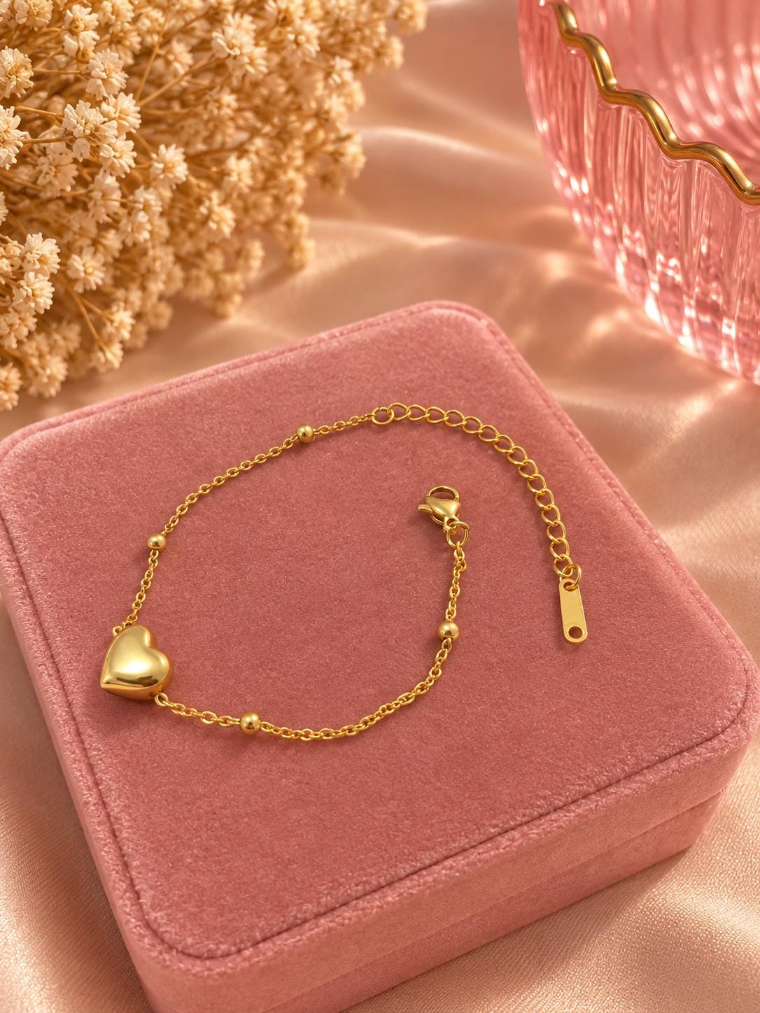 18K Gold Plated Heart Bracelet, Minimalist Adjustable Chain, Love Jewelry