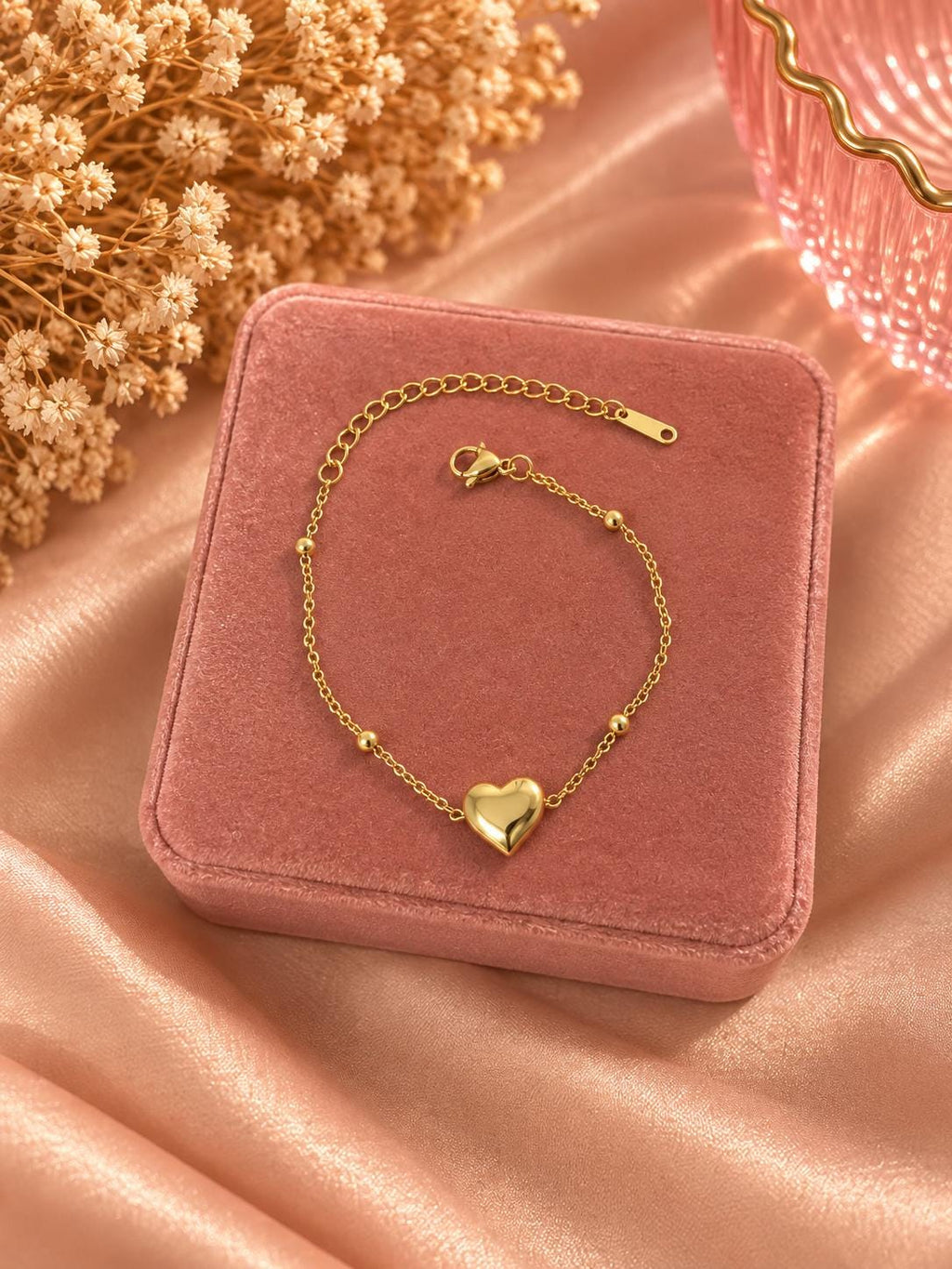 18K Gold Plated Heart Bracelet, Minimalist Adjustable Chain, Love Jewelry