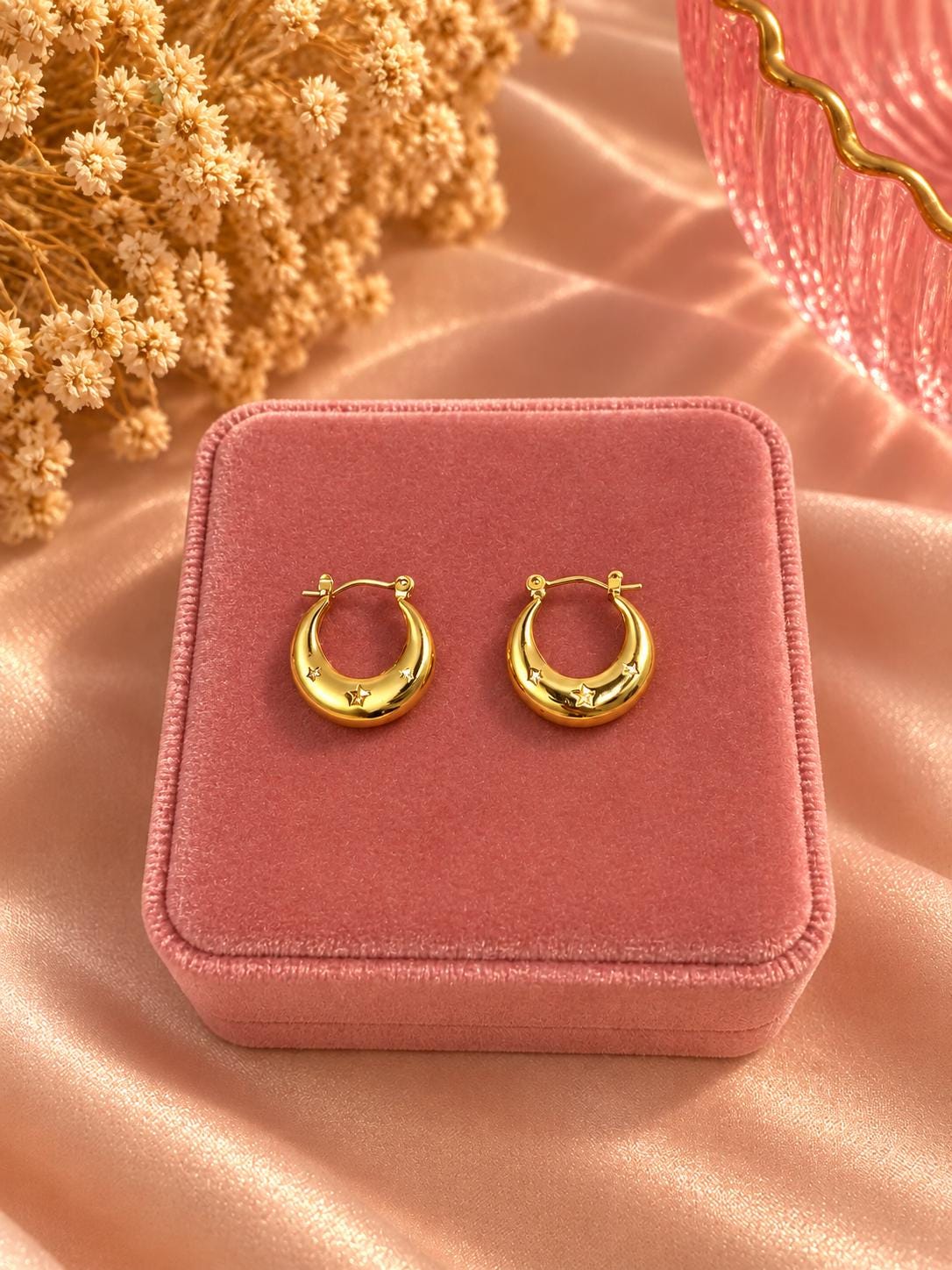 18K Gold Plated Star Hoop Earrings, Chunky Celestial Statement Jewelry