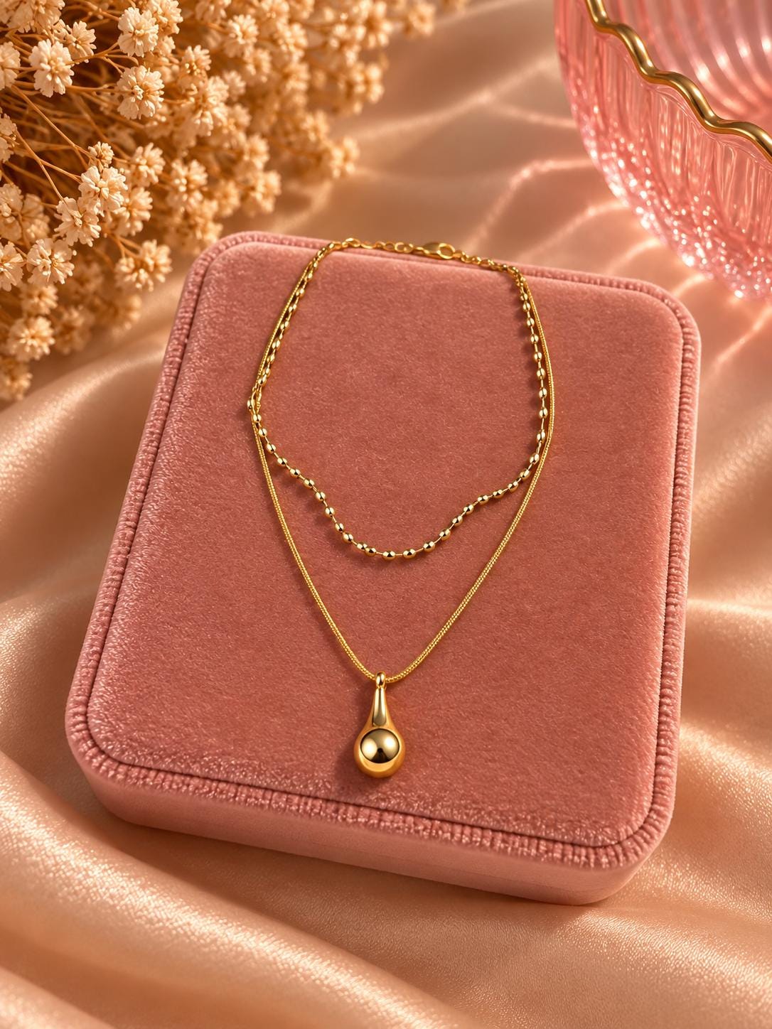 18K Gold Plated Teardrop Pendant Layered Necklace – Minimalist Double Chain Jewelry
