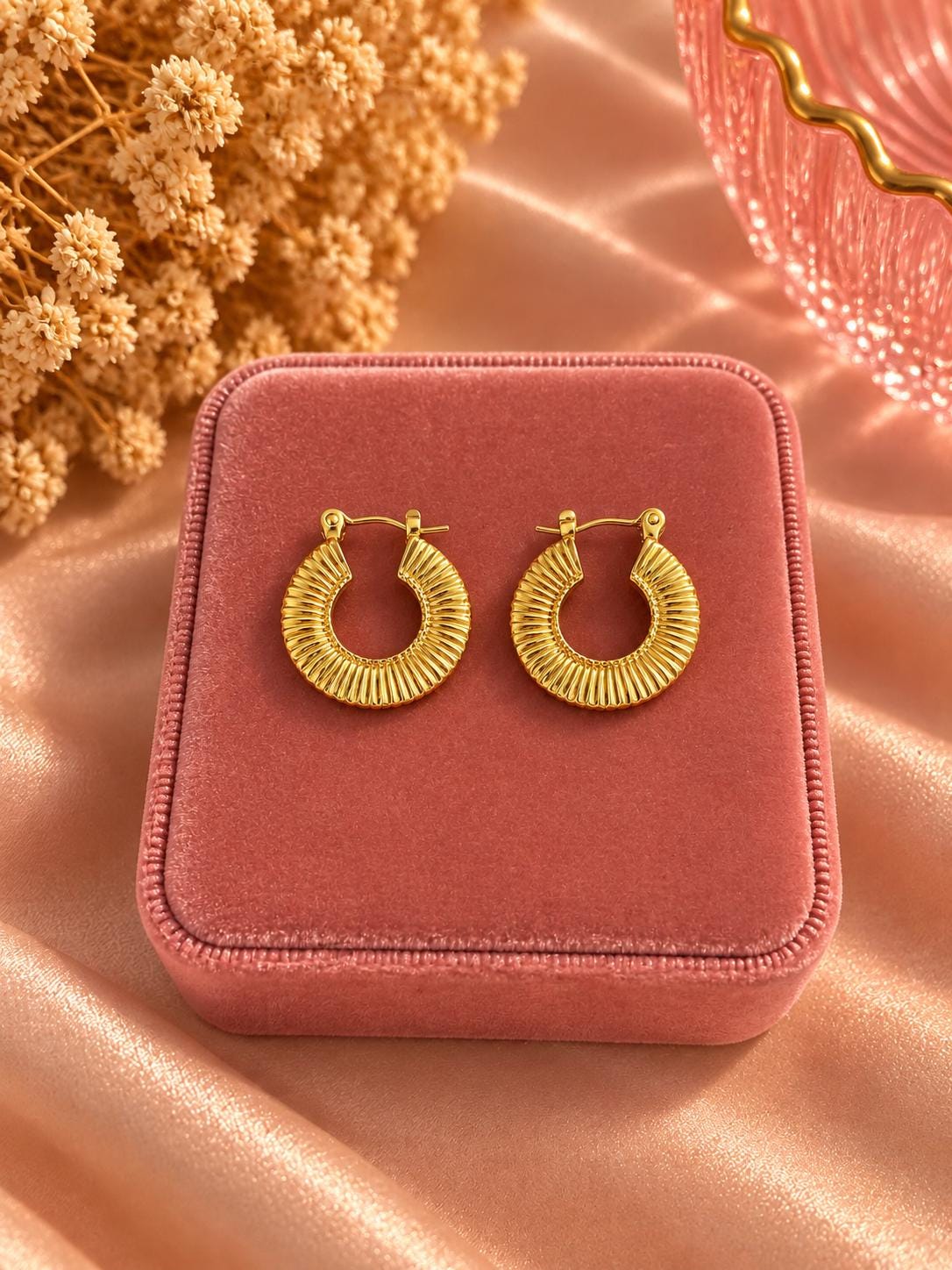 18K Gold Plated Textured Hoop Earrings, Minimal Ribbed Everyday Hoops